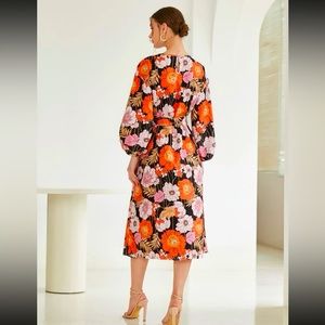 SHEIN Floral Print Lantern Sleeve Belted Dress